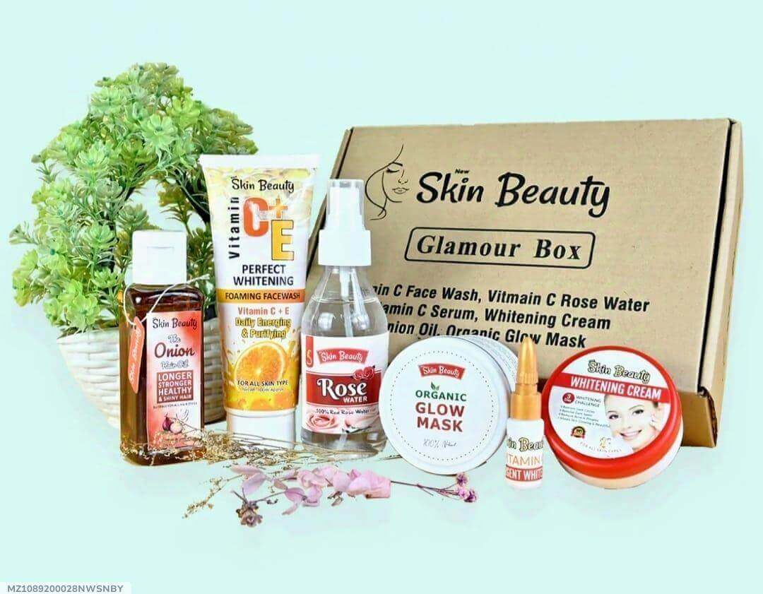 Skin Beauty Glamour Box featuring natural skincare and hair care products for radiant skin and healthy glow.